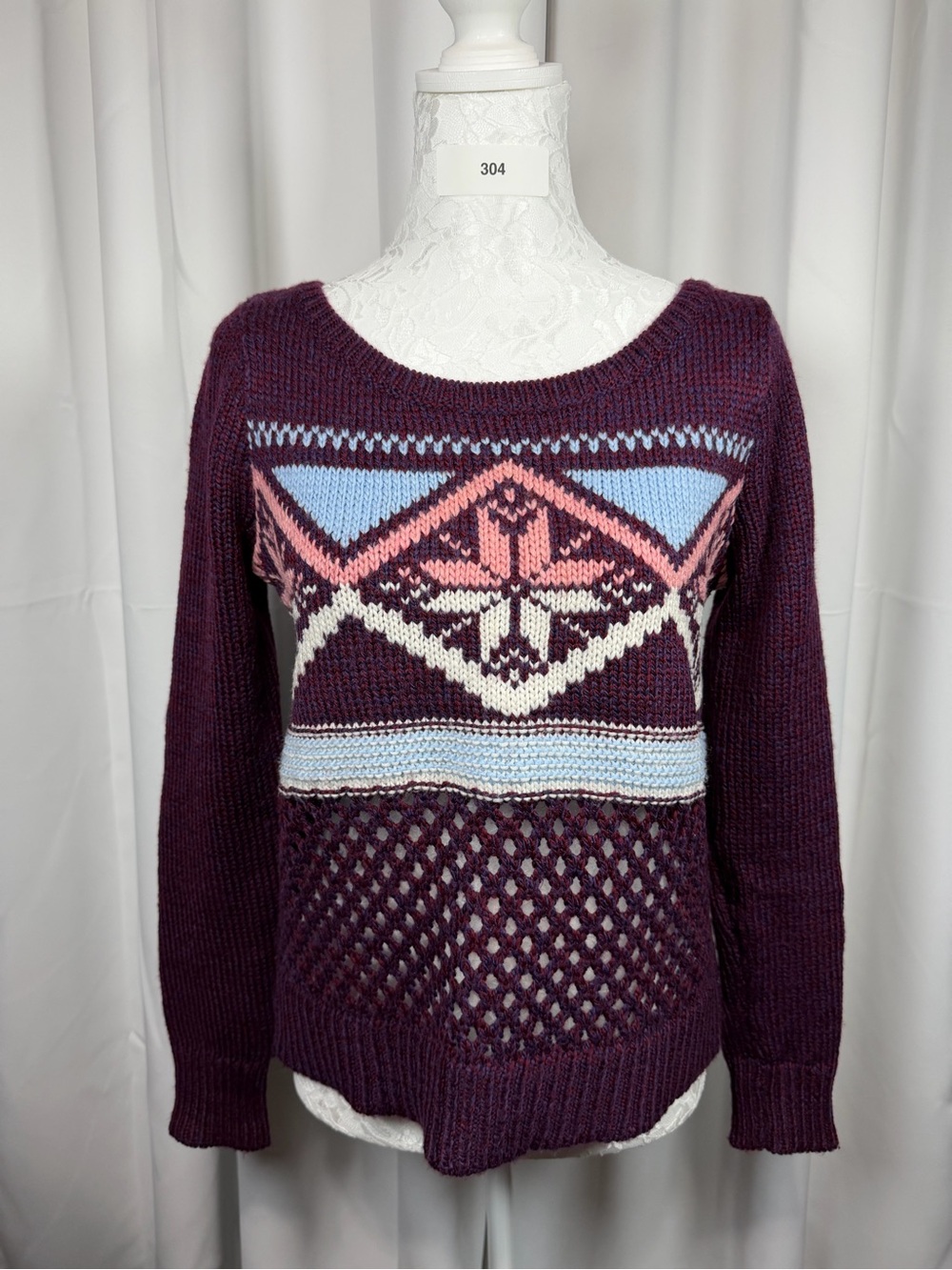 American Eagle Wool Blend Fair Isle Open Knit Sweater Women’s S Burgundy Boho